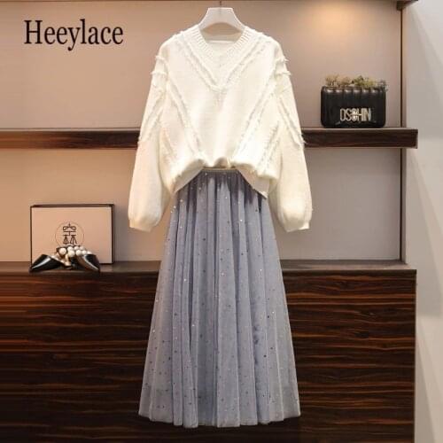 Plus Size Women Elegant Two Pieces Set Autumn Winter Long Sleeve Knitted Sweater Top And Sequined Mesh Long Skirts Suits 4XL