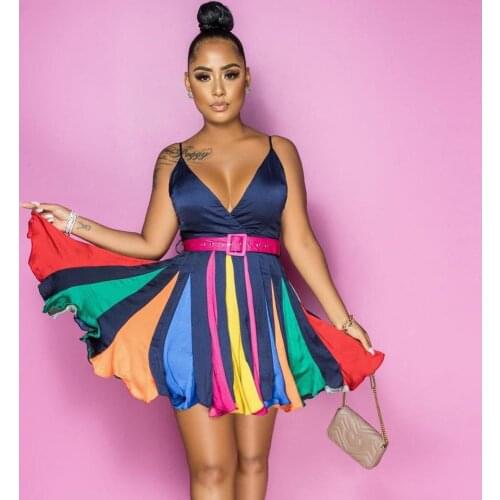 Echoine Summer Sexy Strap V-neck Mini Dress colourful pleated Vintage Dresses Party Club Dress Vestodos