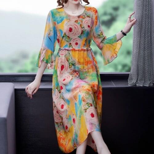 2021 Spring Boho Vintage Floral Mulberry Silk Midi Dress Summer 4XL Plus Size Casual Chiffon Dress Elegant Women Bodycon Vestido