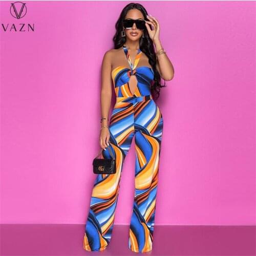VAZN 2021 Bohemian Fashion Plus Size Chic Ladies Slim Holiday Chiffon Sexy Halter Off Shoulder Women Loose Wide Leg Jumpsuits