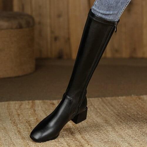 2021 Autumn Winter New Women Shoes Fashion Square Toe Side Zip PU Leather Mid Calf Women Boots Square Heel Stretch Modern Boots