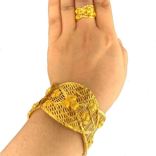 Big Dubai Jewelry Sets for Women 24k Gold Color African Copper Bangle/Bracelet with ring Saudi Arabia Bridal Banquet Gifts