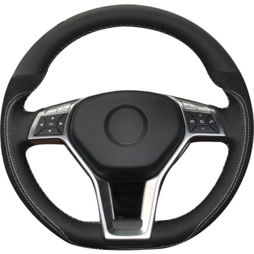 Black Natural Leather Black Suede Steering Wheel Cover for Mercedes-Benz A-Class 2013-2015 CLA-Class 2013 2014 C-Class 2013 2014