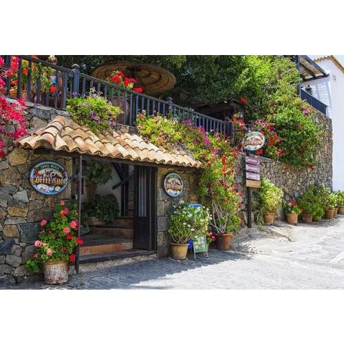 Floral coffee shop photo backgrounds vinyl European town photo backdrops for photography studio accessories fotografia LV-1728