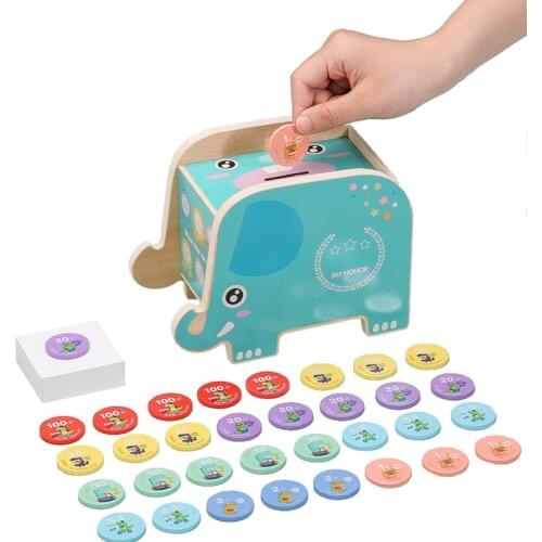 Kids Wooden Box Toys Elephants Piggy Bank Digital Coins Saving Simulated Games Early Educational Wooden Learning Toys For Baby