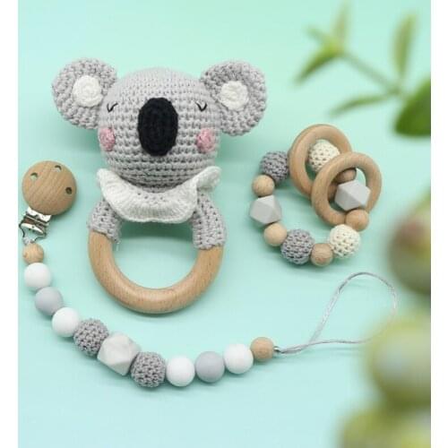 Baby Pacifier Clip Dummy Chain Holder Wooden Teething Bracelet Crochet Toy Rattle Soother Molar Infants Teether