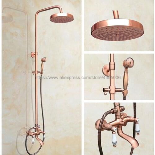 Antique Red Copper Rainfall Shower Head Shower Faucet Mixer Set Dual Handle + Tub Spout + Hand Held Shower Brg542