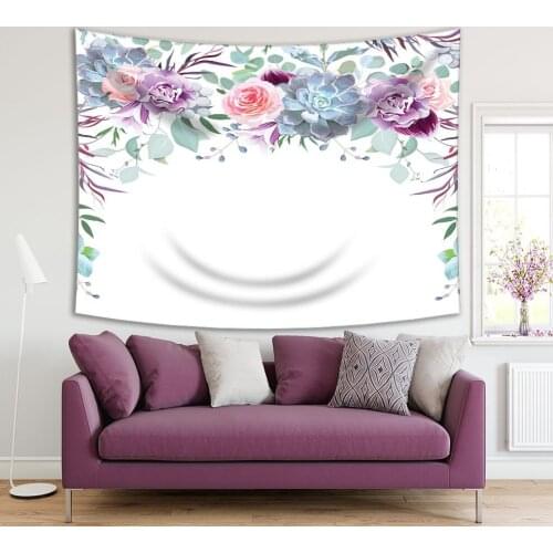 Tapestry Garland Frame Arranged from Roses Flowers Leaves Succulents Berries Floral Artwork Green Purple Pink