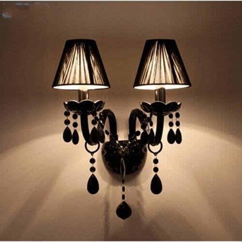 2 Lights Black Crystal Wall Lamps Candle E14 Bulb Double Heads Crystal Wall Lights Black Silk Fabric Lampshade Bedroom Lighting