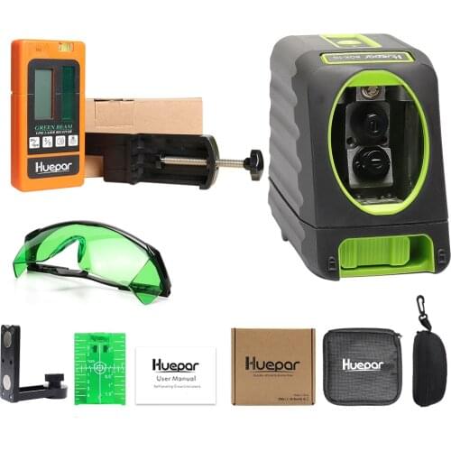 Huepar Self-leveling Green Beam Cross Line Laser Level+Huepar Digital LCD Laser Receiver+Huepar Safety Laser Enhancement Glasses