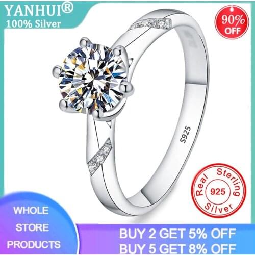 Free Sent Certificate 100% Real 925 Solid Silver 6mm 1.0ct Zirconia Diamond 6 Prongs Solitaire Engagement Wedding Ring For Women