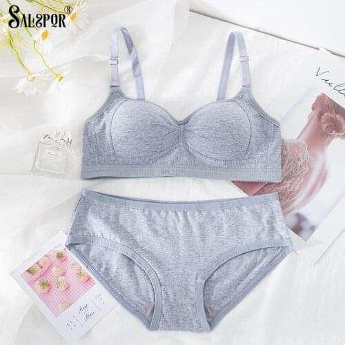 SALSPOR Women Underwear Set Cotton Girls Breathable Bra Push Up Wireless Lingerie Set Seamless Back Closure Bra Suit