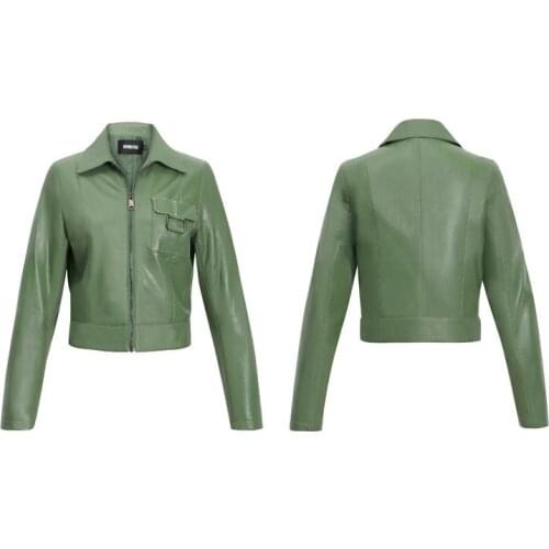 2021 New Autumn Lapel PU Leather Jacket Womens Short Style Casual Green Orange Short Coat Motorcycle Leather Jacket Biker Coat