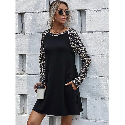 Fashion Womens Cotton O-neck Long Sleeve dresses Leopard Patchwork Loose Dresses Autumn Winter Causal Pullover Dress 2020 New