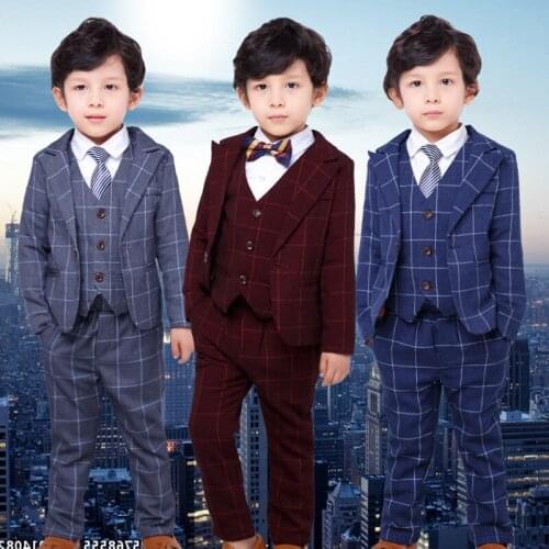 Top Quality Boys Plaid Jacket Vest Pants Bowtie 3Pcs Clothing Set Gentleman Kids Wedding Suit Children Performance Dress