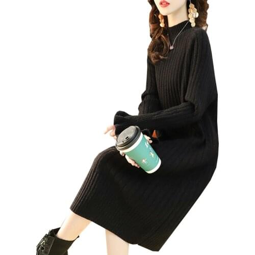 2021 Autumn Winter Long Sweater Dress Women Casual Long-Sleeved Warm Dressess Half High Collar Plus Size Base Knit Dress Female