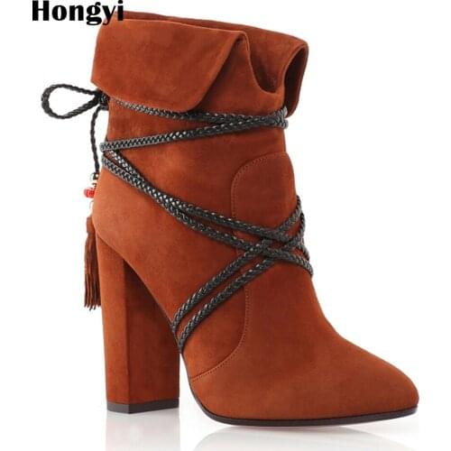 Hongyi Autumn Womens Shoes 2018 Female Ankle Boots Fashion Lace High Heel Boots Pointed Toe Tassel Ladies Boots Botas Mujer