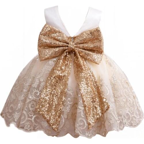 Girls Champagn Gold Sequin Dress with Big Bows for Kids Birthday Party Gown Embrodiery Formal Costume New Year