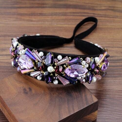 Handmade Luxury Purple Crystal Quartz Hairbands Pearl And Beads Baroque Headbands Rhinestone Tiara Women Wedding Hair Jewelry