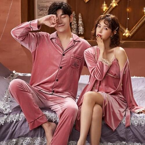Pink 2 PCS Set For Home Wear Couple Nightwear Set Robe And Nightgown Lovers Sleepwear Velvet Red Plus Size Winter Phoentin FG278