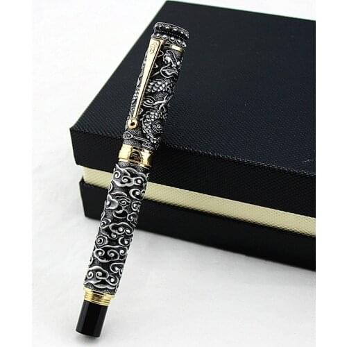 Jinhao Vintage Luxurious Rollerball Pen Double Dragon Playing Pearl, Ancient Gray Metal Carving Embossing Heavy Pen Collection