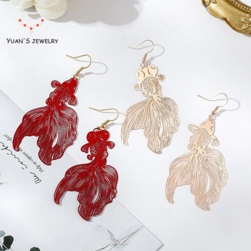 YuanS Red goldfish painted Earrings Chinese style earrings exaggerated Earrings long earhook simple hollow earclip
