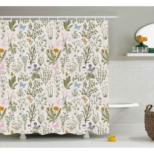 Floral Shower Curtain Vintage Garden Plants with Herbs Flowers Botanical Classic Design Waterproof Curtains Home Bathtub Decor