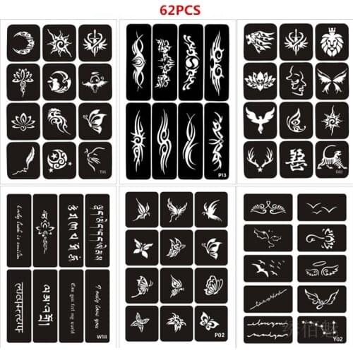62pcs/set Henna Stencils Reusable Glitter Tattoo Sjablonen Butterfly Tiger Rose Totem Airbrush Stencil Arm Leg Pochoir Tatouage