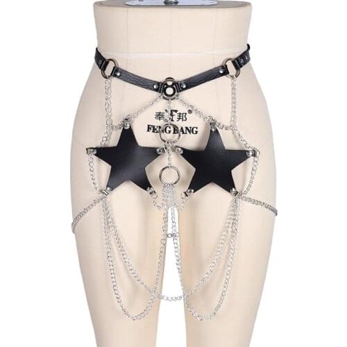 Five-Pointed Star Decoration Jewelry Womens Goth Sexy Leather Harness Garter Waist Chain Tassel Chain Skirt Punk Accessories