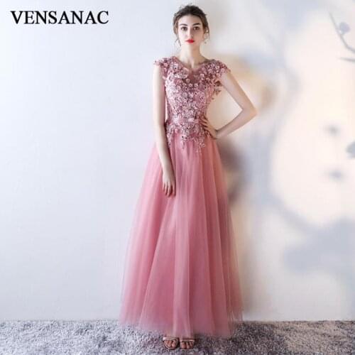 VENSANAC Illusion O Neck Lace Appliques A Line Long Evening Dresses Party Flowers Backless Prom Gowns