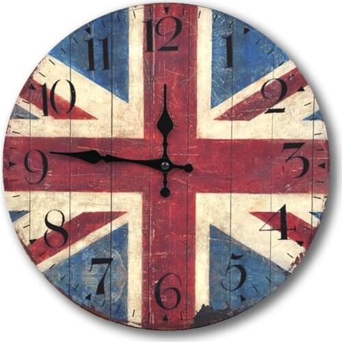 Vintage Wooden Wall Clock Fashion Flags Clocks Shabby Chic Living Room Home Decor Round Hanging Wall Clocks British Style