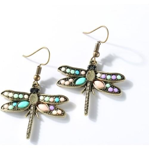 Vintage Boho Ethnic Tribal Jewelry Dragonfly Dangle Earrings for Women Handmade Metal Statement Hook Earrings Party Accessories