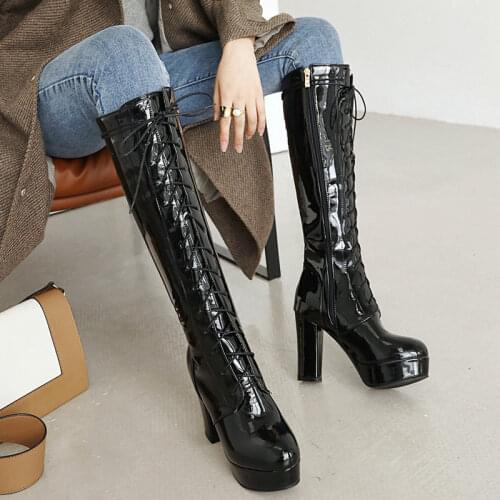 Platform Women Boots Bright Pu Leather Knee High Boots Fashion Square High Heel Long Boots Lacing Zipper Autumn Winter Shoes