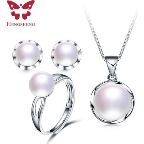 Hot Sale White Fine Natural Freshwater Pearl Necklace Earrings Ring Set For girlfriend, 925 Sterling Silver Women Jewelry Set