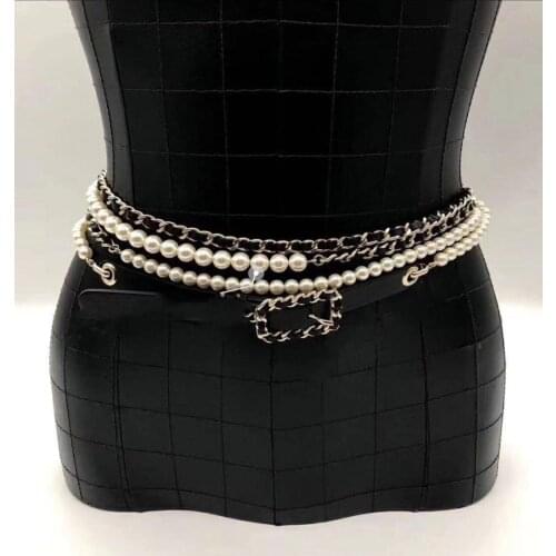 2021 Runway Double C Sheepskin Waist Chain Big Small Pearls Belt Waistband Women vintage luxury brand name real leathe Belts