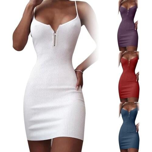 Women Summer Sexy Dress Solid Color Sleeveless V Neck Straps Ribbed Bodycon Sling Dress Plus Size 4XL Fashion Vestidos