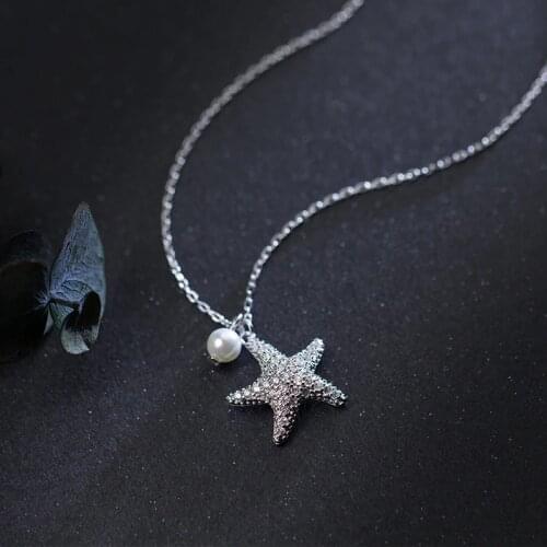 Modian Marine Life Adjustable Necklace for Women Shiny Zircon Starfish Pearl Sterling Silver 925 Pendant Necklace Fine Jewelry