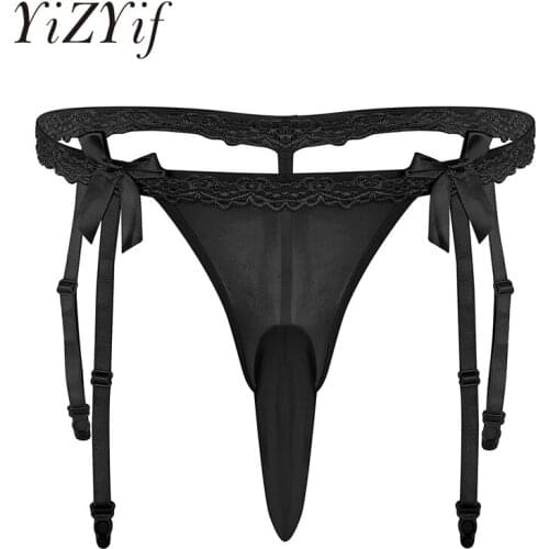 Bikini Thong Underwear Men Closed/Open Penis Sheath Low Rise Ruffle Lace Bikini Briefs Open Back Stretch Sissy Thong Underwear
