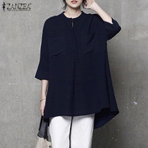 Plus Size ZANZEA Women Patchwork Blouse 2021 Spring High Low Shirts Casual Solid 3/4 Sleeve O-neck Tops Female Blusa Femme 5XL