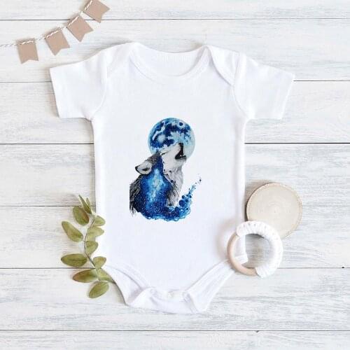 Aesthetic Fashion Newborn Baby Boy Clothes Wolf Head Printed Baby Tattoo Short Sleeves Bodysuit Summer Baby Girl Body Set