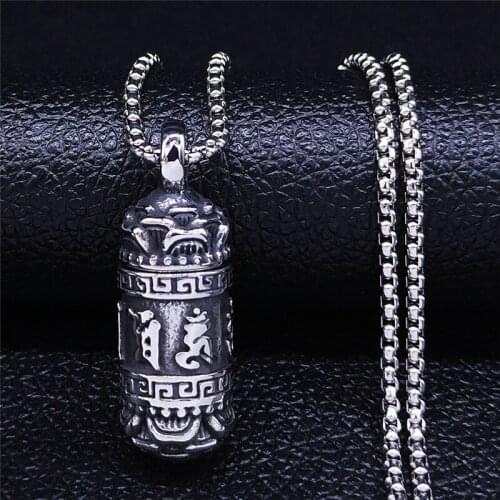 Bohemia Yoga Sanskrit Column that Can Be Opened Stainless Steel Necklace Silver Color Long Necklaces Jewelry collar NZZ71S04