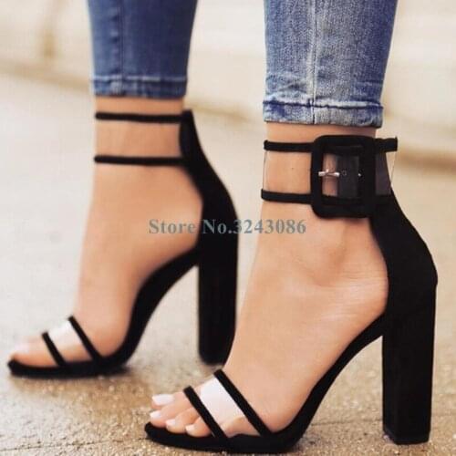 Open Toe Single Strap Thick High Heels Sandals PVC Transparency Buckle Strap Sandals Black Red Suede Covered Edge Summer Shoes
