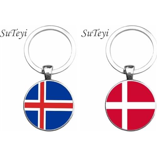 SUTEYI Iceland/Denmark Flag Art Keychain Jewelry Men Glass Cabochon key Holder Flag Key Chain Packet key Ring For Women Gift