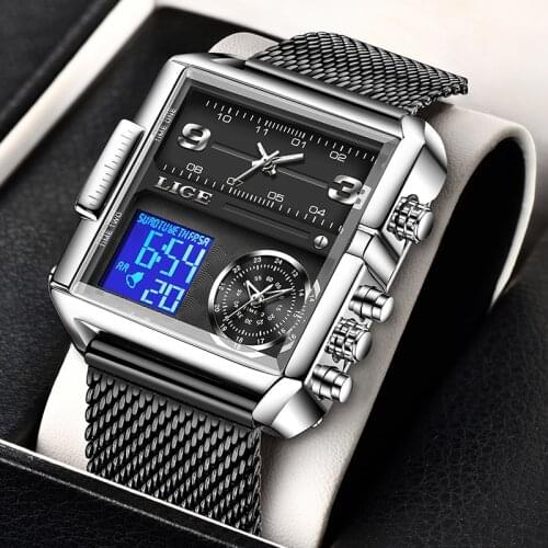 2021 LIGE Men Sport Watches Top Brand Luxury 3 Time Zone Watch Fashion Men Square Digital Analog Big Quartz Wristwatches for Men