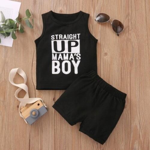 Kids Baby Boys Fashion 2-piece Outfit Set Sleeveless Letter Print Tops+Shorts Set for Children Boys Basic Classic Sets Summer