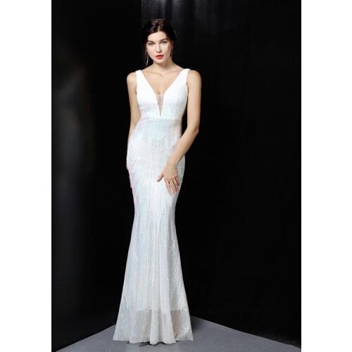2021 New Mermaid Bright Sequin Long Evening Party Etiquette CelebrationRobe Sleeveless V-neck Robe De Soriee Sexy Gowns