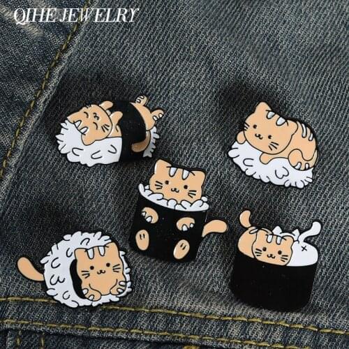 Sushi Cat Enamel Pin Cute Food Badges Brooches for Women Girl Backpack Hat Bag Accessories Kitty Lover Kids Gift