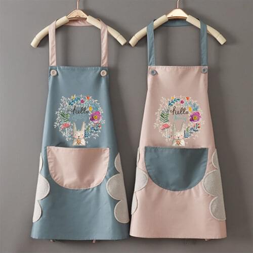 PVC Adult Apron Hand-wiping Design with Large Pocket Garland Rabbit Pattern Adjustable Hanging Neck Cafe Work Clothes Apron