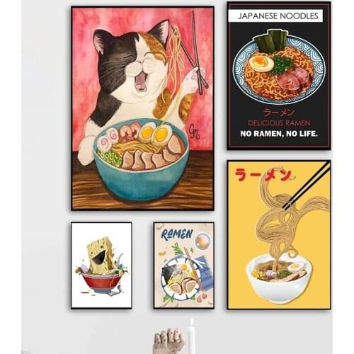 Ramen Cat Japanese Food Noodles Canvas Painting Posters and Prints Cats Animals Wall art Pictures for Kitchen Restaurant Decor