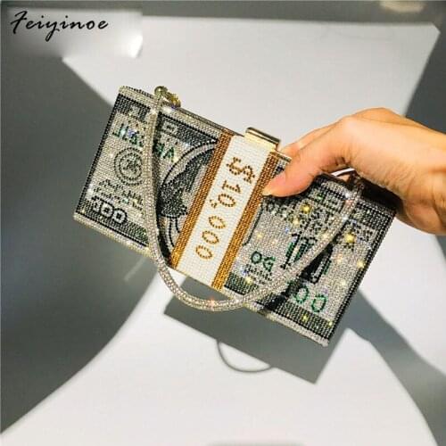 Money Clutch Rhinestone Purse 10000 Dollars Stack of Cash Evening Handbags Shoulder Wedding Dinner Bag 8 Color 2021 women bag